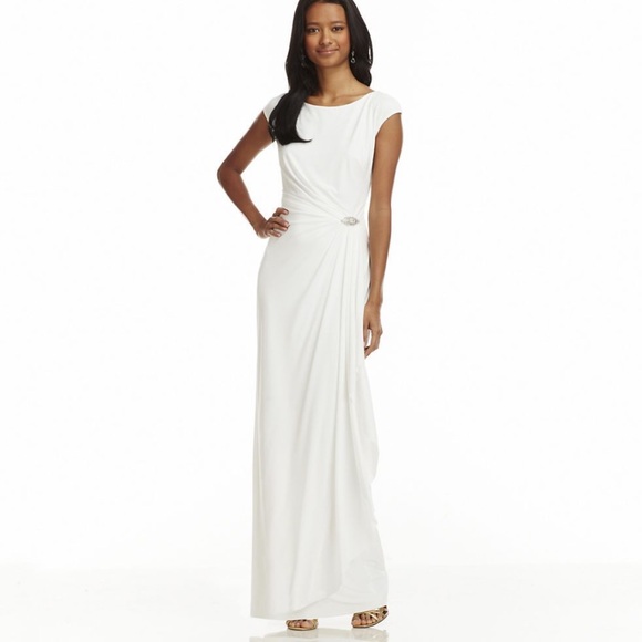 Chaps Dresses & Skirts - Chaps ivory white maxi dress draped detailing jeweled embellishment size 4 NWT